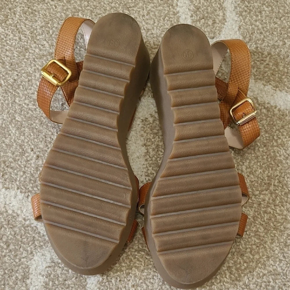 Fratelli Robinson Brown Leather Wedge Sandals, Made in Greece, Size 39 (8 1/2)